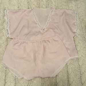 Pink lace pj set up with little flower / two piece set / silk set / lace set